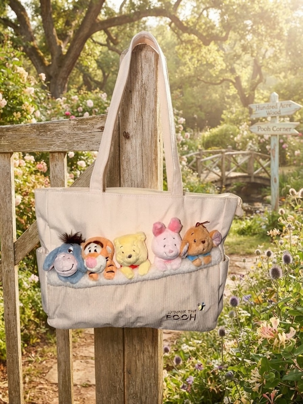 Plush Pocket Tote Bag - Cream 13”x11”x5”